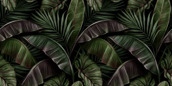 Тропический Экзотический Бесшовный Рисунок Зелеными Винтажными Банановыми Листьями Пальмами Колоказией — стоковое фото