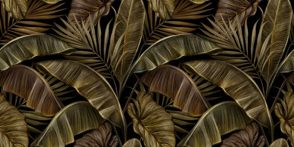 Tropiskt Exotiskt Sömlöst Mönster Med Mörkbruna Vintage Bananblad Palm Och — Stockfoto