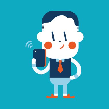 Karakter illüstrasyon tasarımı. Cep telefonu sepeti kullanarak iş adamı