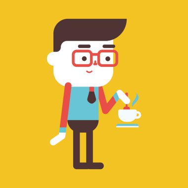 Karakter illüstrasyon tasarımı. İşadamı içme kahve Honey'e
