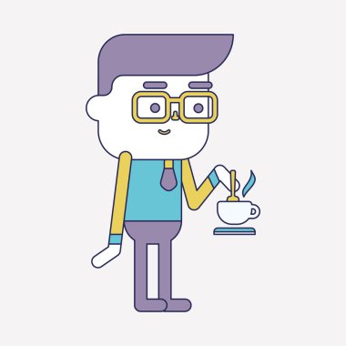 Karakter illüstrasyon tasarımı. İşadamı içme kahve Honey'e