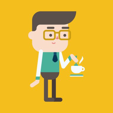 Karakter illüstrasyon tasarımı. İşadamı içme kahve Honey'e