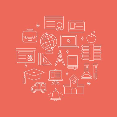 Okul çizgi simge daire seti