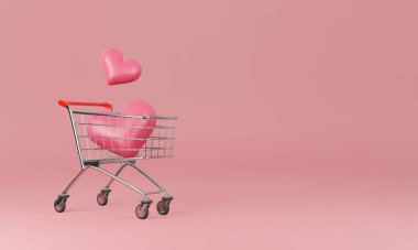 3D görüntüleme. Pembe pastel arka planı olan Kalp ve Alışveriş Arabası, minimum sevgililer günü alışveriş konsepti