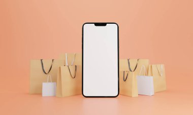 Etrafı alışveriş çantasıyla çevrili akıllı telefon boş ekran modeli. İnternetten alışveriş konsepti. 3B Hazırlama