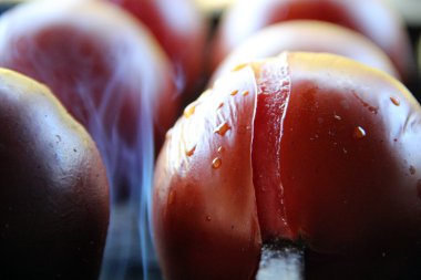 Lezzetli, lezzetli, lezzetli, lezzetli, sağlıklı. Odun ateşinde ızgara sebze. Izgara sebze. Üzerinde pişmiş şiş. Domates ve patates