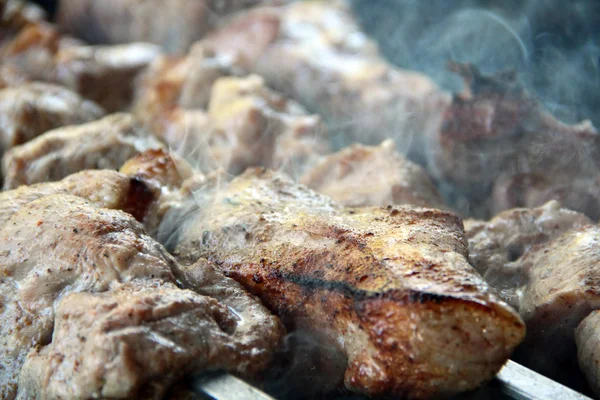 Kebab. Tuin partij. Spiesjes heerlijk vlees. Gebakken schapenvlees. Grill. Barbecue. — Stockfoto