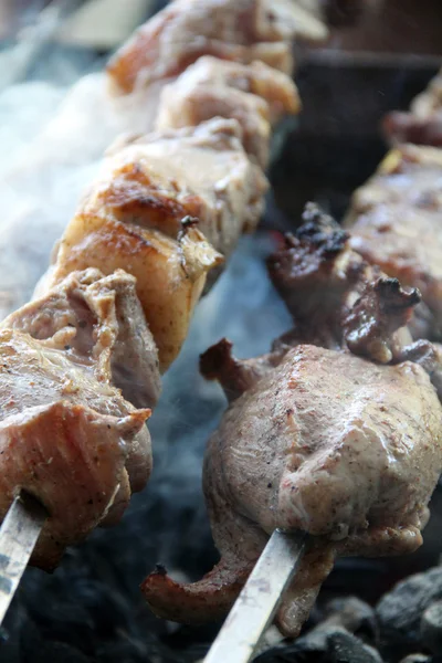 Kebab. Festa de jardim. Carne deliciosa assada com cuspo. Carneiro frito. Grelha. Churrasco . — Fotografia de Stock