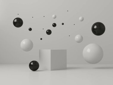 Gri arka planda siyah beyaz topların olduğu minimalist monokrone. Parlak bir site ya da reklam afişi.