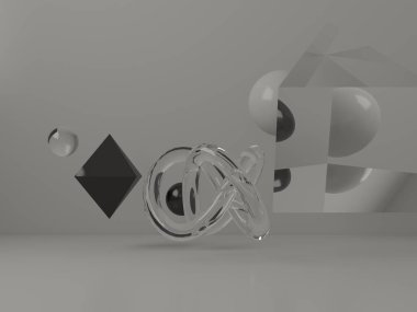 Farklı şekillerde üç boyutlu şekil ve materyallerin üç boyutlu canlandırması. Siyah eşkenar dörtgen, cam boncuklar ve prizma.