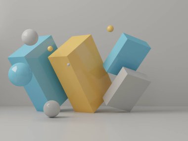 Gri arkaplandaki mavi ve sarı kutuların ve topların minimalist natüralistik hayatının 3 boyutlu canlandırması. Parlak minimalist bir site ya da reklam afişi