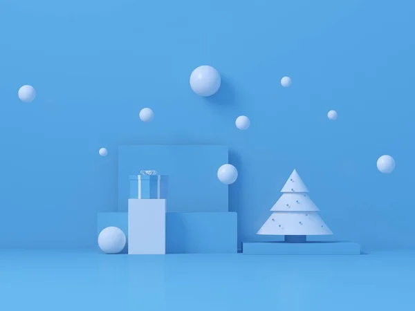 新年静谧生活 蓝色背景的白色圣诞树和礼品盒 上面有空白的文字和许多白色的球 — 图库照片
