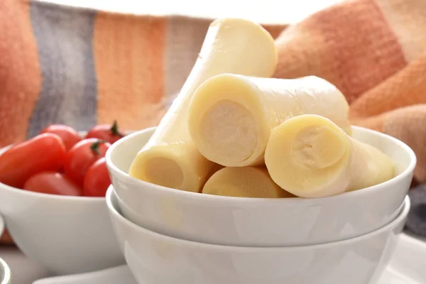 Bowl Cheese Tomato Sauce White Background — Stockfoto