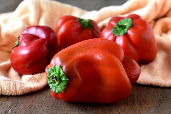 Fresh Red Bell Peppers Wooden Table — Stock Photo, Image