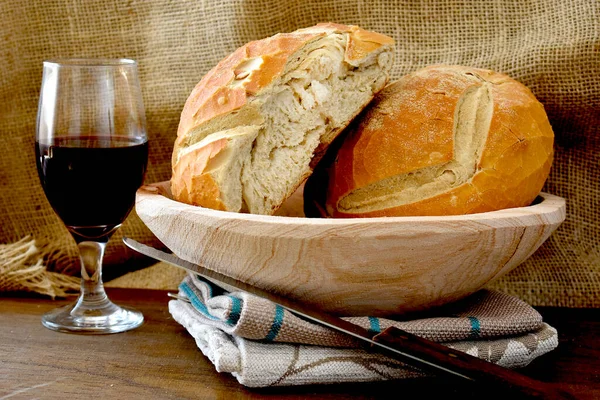 Vida Tranquila Com Pão Copo Vinho — Fotografia de Stock