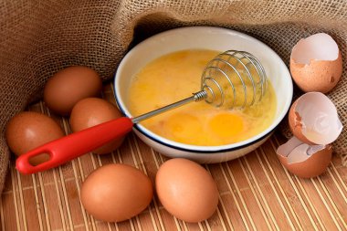 Yumurta ve çırpı masanın üstünde.