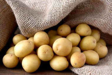 raw potatoes in a sack on burlap