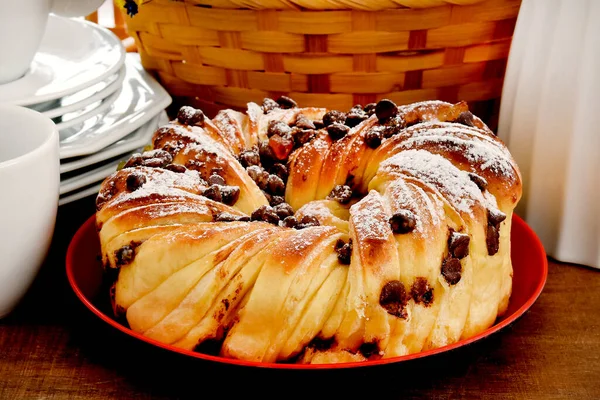 Ricotta Chocolate Home Made Cake Candied Fruits Wooden Board Straw — Stock Photo, Image