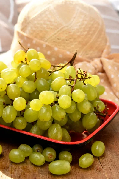 Bunch Grapes Basket Wooden Table Royalty Free Stock Photos