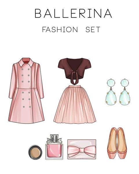 Mode-Set von Frauenkleidung und Accessoires - Mantel, Ballerinas Rock, Oberteil, Make-up, flache Schuhe, Diamant-Ohrringe — Stockfoto