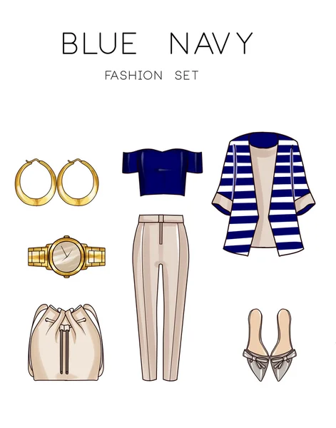 Mode-Set Damenkleidung und Accessoires - blaues Marine-Outfit mit Schmuck — Stockfoto