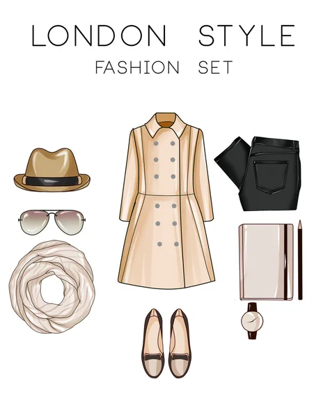 Fashion uppsättning kvinnans kläder och accessoarer - hatt, loafers, jeans, moleskine, solglasögon, klocka, trenchcoat — Stockfoto