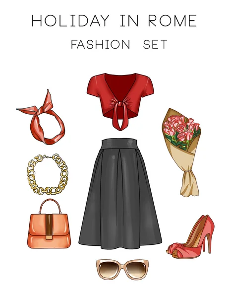 Set di moda di vestiti, accessori e scarpe da donna — Foto Stock