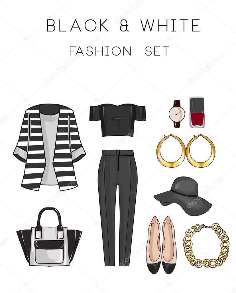 Fashion set of woman's clothes and accessories - Black and white outfit - pants, top, flat shoes, jewels, bag