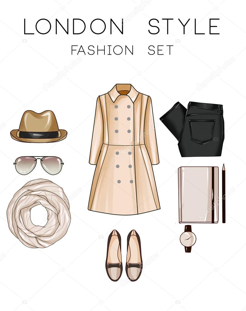 Fashion set of woman's clothes and accessories -  hat, loafers, jeans, moleskine, sunglasses, watch, trench coat
