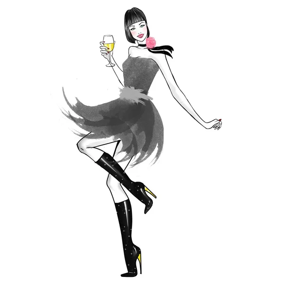 Ruky nakreslené akvarel módní ilustrace - dívka s šampaňské — Stock fotografie