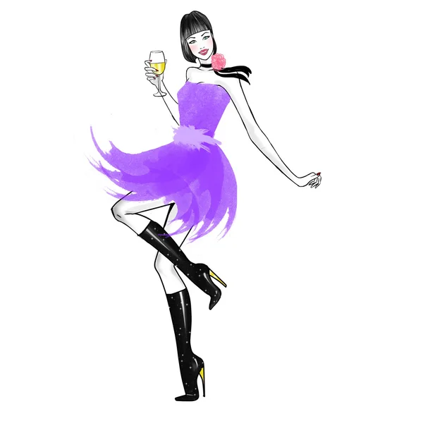 Ilustração de moda aquarela desenhada à mão - Menina com copo de champanhe — Fotografia de Stock