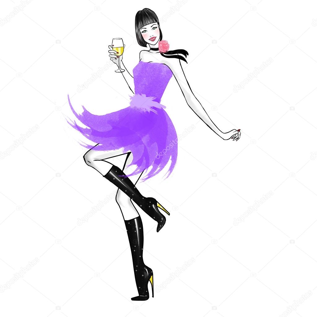 Hand drawn watercolor Fashion Illustration - Girl with champagne glass