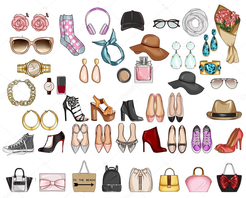 Collecton of different woman's fashion accessories - Bags, hats, shoes, jewels