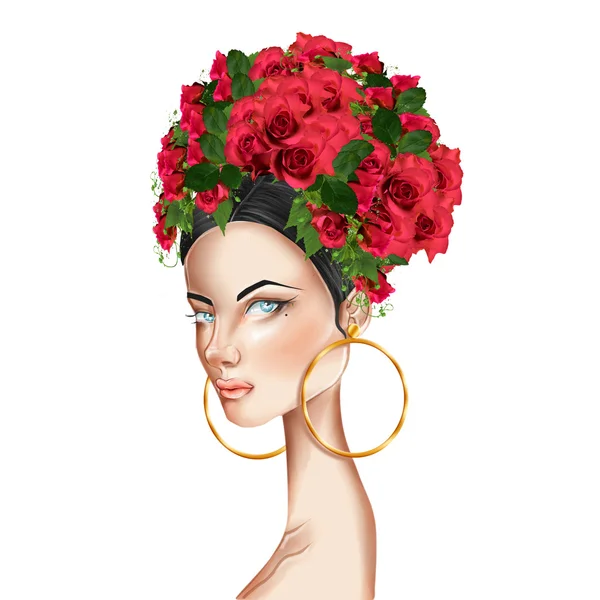 Hand drawn illustration of beautiful girl roses on head looking at camera — Stock Photo, Image