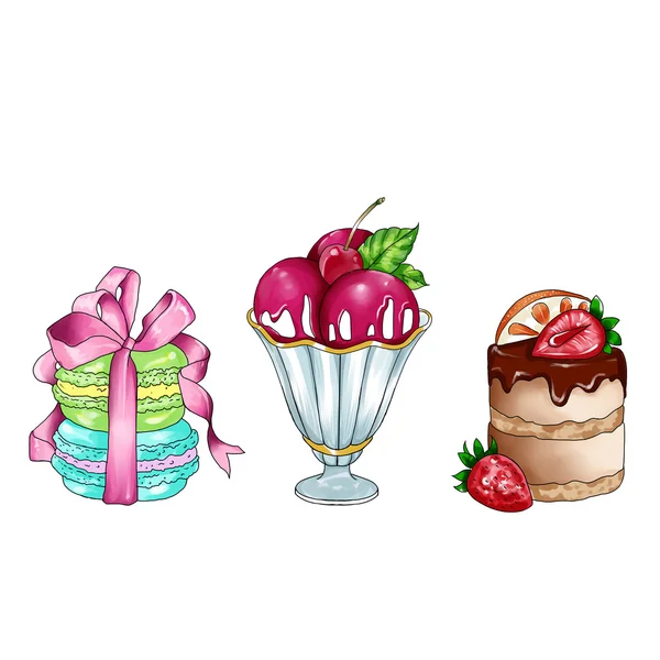 Raster illustration with different sweet food - clipart collection — Stock Photo, Image