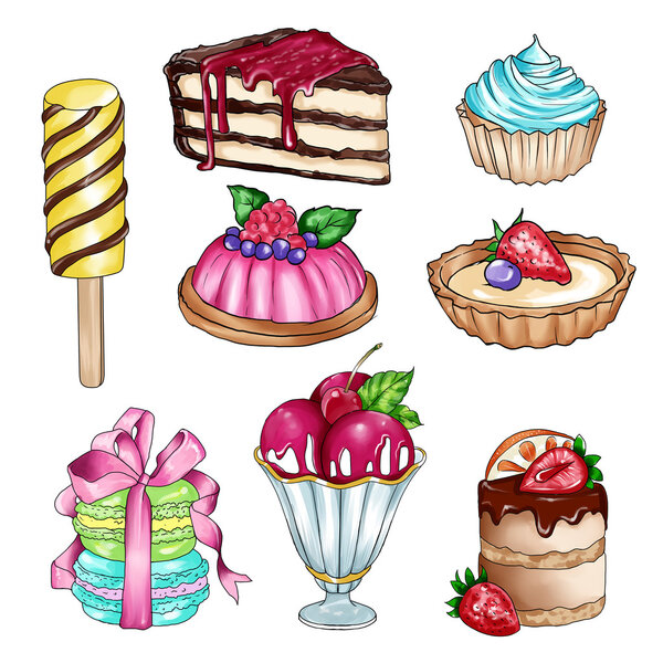 Raster illustration with different sweet food - clipart collection