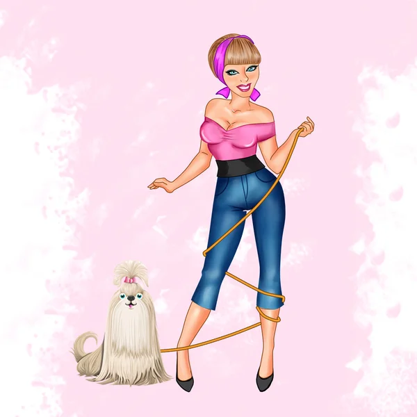Ilustración de trama dibujada a mano - pin Up Girl con un perro - Dibujo de estilo de dibujos animados — Foto de Stock
