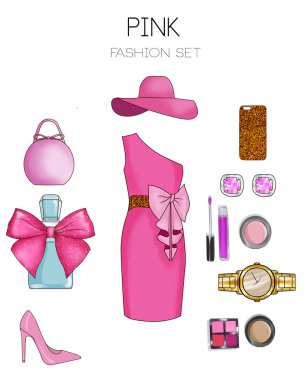 Kadın giysi ve aksesuarları - pembe elbise, çanta, stilettos, kozmetik ve takı moda set