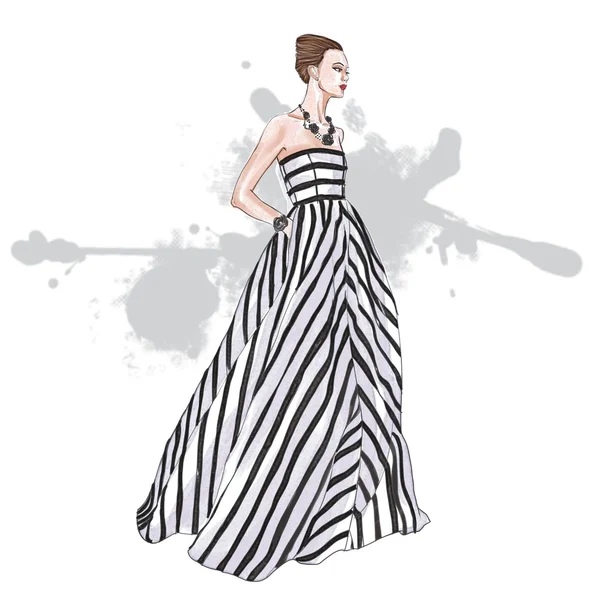 Akvarel illustration af mode model iført stribet lang kjole - Stock-foto