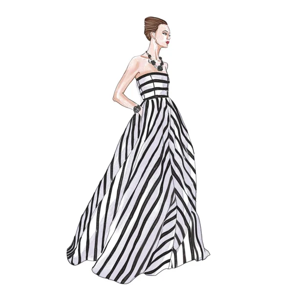 Çizgili uzun elbise moda modeli suluboya çizimi — Stok fotoğraf