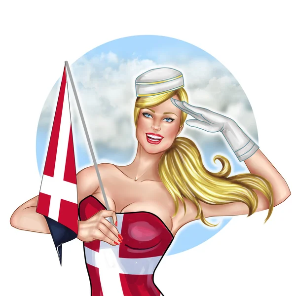 Digital hand drawn Illustration - Pin Up girl Holding Denmark Flag