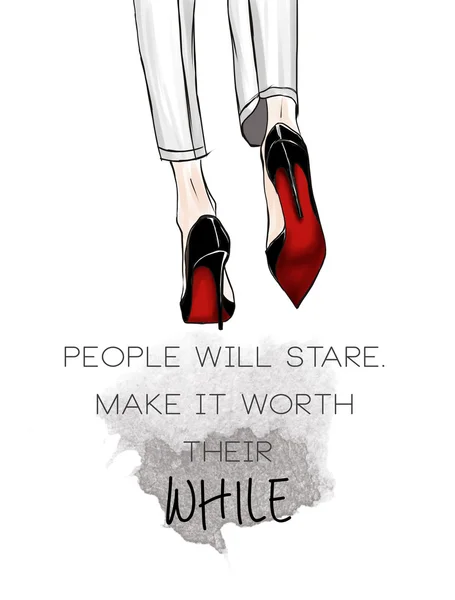 Fashion Illustration - grappig citaat op witte achtergrond en stiletto schoenen — Stockfoto