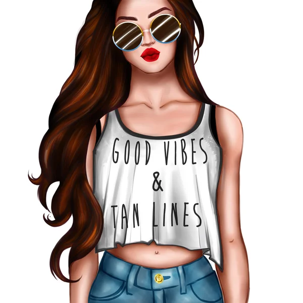 Hand drawn cartoon character - girl wearing crop top and sunglasses — Stock Photo, Image