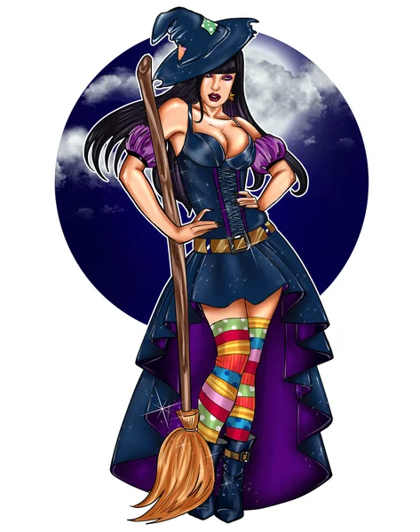 Illustration of pin up dressed up as a witch on a dark sky background - Epiphany -