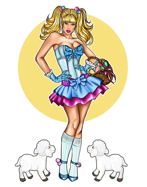 Illustration of pin up dressed up for Easter festivity on yellow background and little lambs