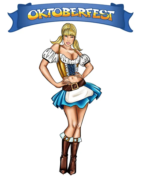 Illustration of isolated pin up Waitress with traditional Bavarian dress with decorative banner — Stock Photo, Image