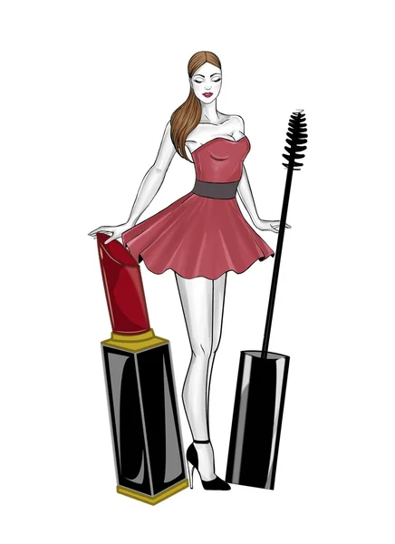 口紅とマスカラーの杖背景イラスト女の子 — ストック写真