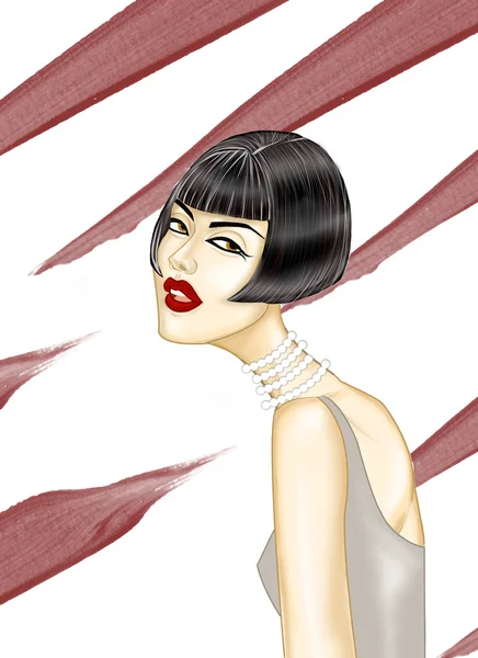 Black short hair girl with pearls illustration — Stock Photo, Image
