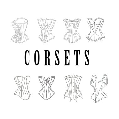 Moda illüstrasyon - suluboya vintage ve antika kadın korse kümesi