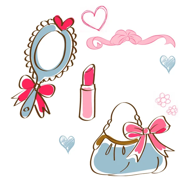 Beauty icons - clip art - mirror , lipstick, bag — Stock Photo, Image